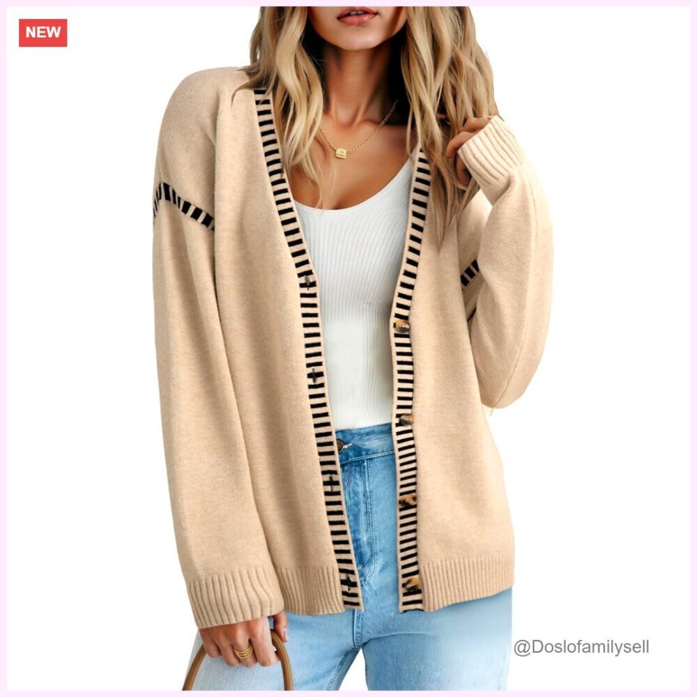 Oversized Button Front Cardigan, Striped Trim, V-Neck, Fall Winter Sweater